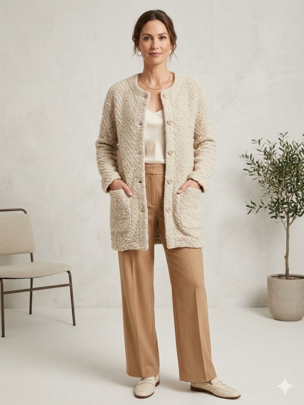Eileen Fisher Chevron Boucle Knit Long Cardigan oversized Coat Oatmeal Cream XXS